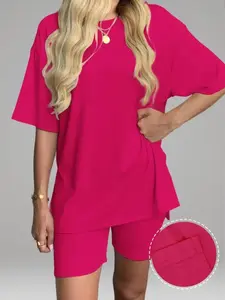 Women's Solid Color T-Shirt and Tight Shorts Set, Summer Comfort Round Neck Sleepwear, Pocket Design, Outdoor Wear