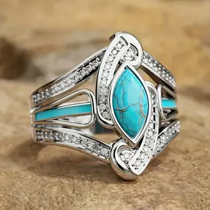 1 piece Bohemian style turquoise ring - turquoise main stone with marquise-shaped accents, white synthetic cubic zirconia, peacock eye design, suitable for engagement, wedding, anniversary, Valentine's Day gift (turquoise tone), suitable for teenagers