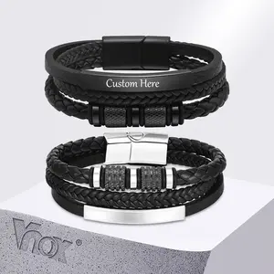 Vnox Personalized Braided Leather Bracelet for Men Handmade Triple Woven Pu Leather Bracelet Custom Name Text Jewelry Gifts