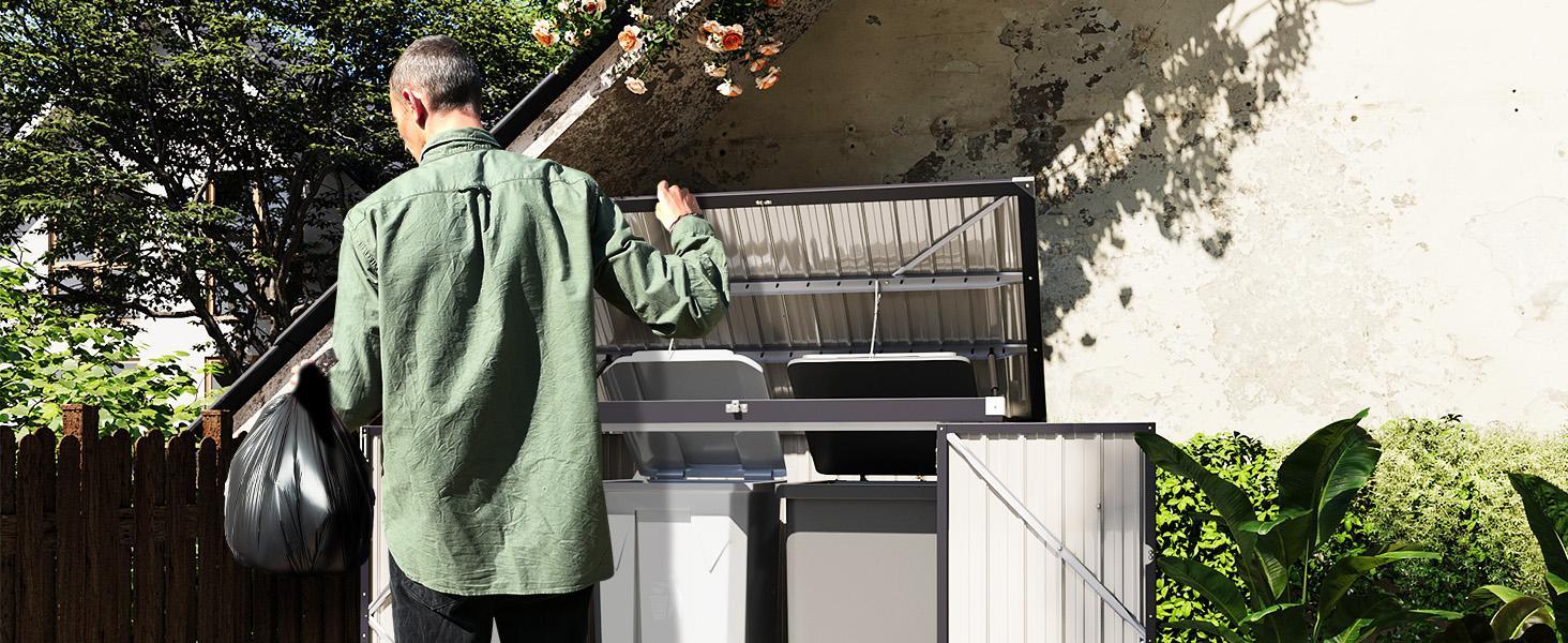 80 Cu. Ft Outdoor Trash Can Storage, 5.6x3.3 Ft Outdoor Storage Shed, Horizontal Metal Shed w/Lockable Doors & Waterproof Lid Chain - Holds Trash Cans, Toys, Garden Tools for Garden/Backyard/Patio