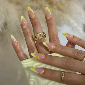 24pcs Medium Long Almond Floral Print Nails, Detachable Reusable Press-On Nails, Artificial DIY Acrylic Nails for Women and Girls