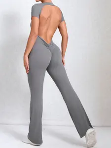 Women's Solid Backless Flare Leg Sports Jumpsuit, Casual Comfy Breathable Scoop Neck Sleeveless Jumpsuit for Yoga Gym Workout, Ladies Sportswear for All Seasons