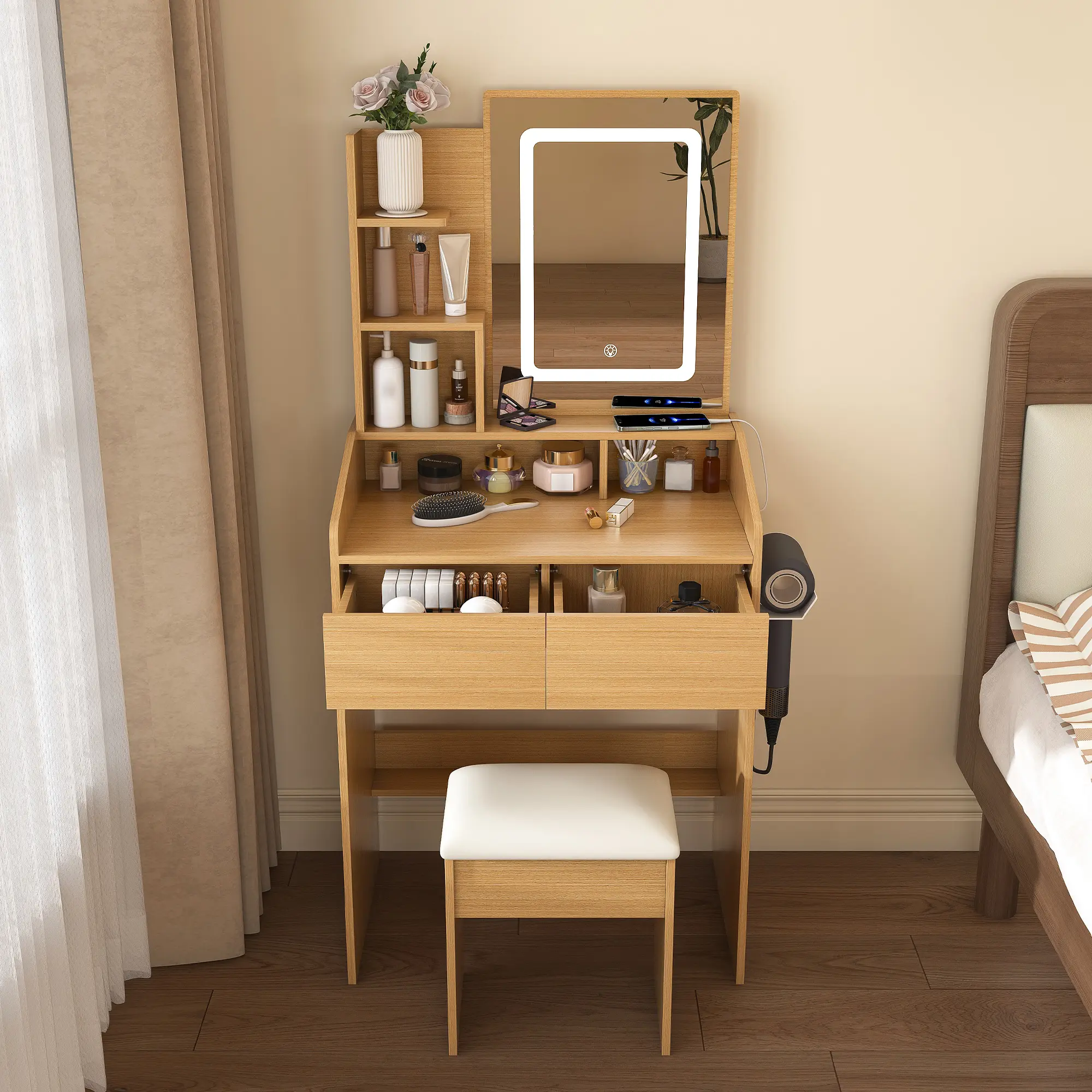 Vanity Table with LED-Illuminated Mirror, Power Outlet, Hairdryer Holder & Stool – Compact Dressing Makeup Desk for Small Bedroom (Wood)