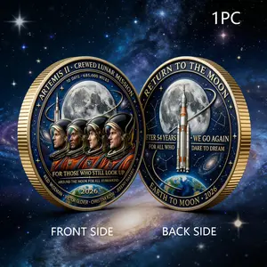 1PC Moon Mission Commemorative Coin Alloy 3D Relief Space Exploration Rocket Astronaut Theme 2026 Earth to Moon Collectible Gift for Space Enthusiasts Birthday Gift Holiday Gift Desk Display Commemorative and Decorative Collectibles