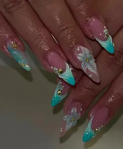 Ocean Breeze Floral Press On Nails/Handmade Gel Nails In Long Almond/Glue On Nails/Summer Nails/Vacation Holiday Party Nails/Gift for Her