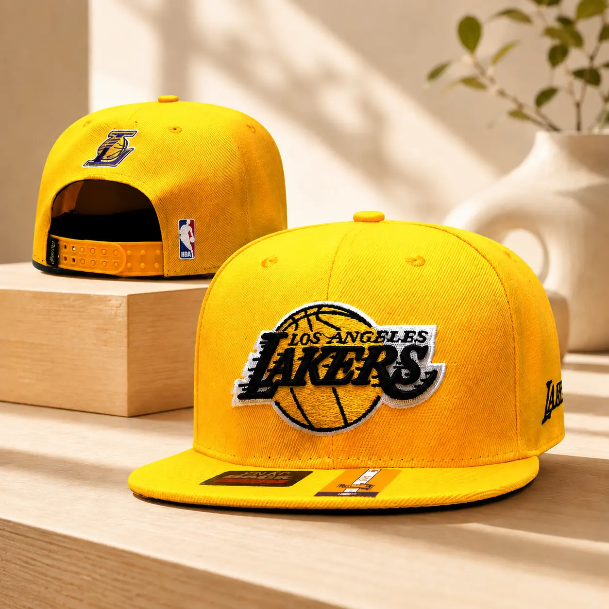 Los Angeles Lakers Yellow Gold Snapback Hat Sunlit Wooden Pedestal Setup | Flat Brim Adjustable Baseball Cap | NBA Fan Gear Y2K Hip Hop Streetwear