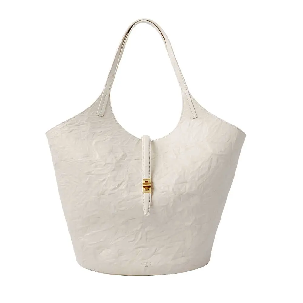 Women's APEDE MOD Cream Leather Garden Tote Bag - Large Capacity, Lock Closure, Mother-Daughter Embossed Pattern - Handheld Bag Purse