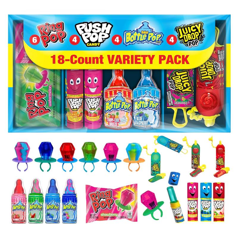 Halloween Candy Variety Pack, 18Ct Assorted Lollipops, Bulk Individually Wrapped Ring Pop, Push Pop, Baby Bottle Pop & Juicy Drop, Birthday Party Favors, Trick or Treat, Halloween Bowls, Kids Gifts