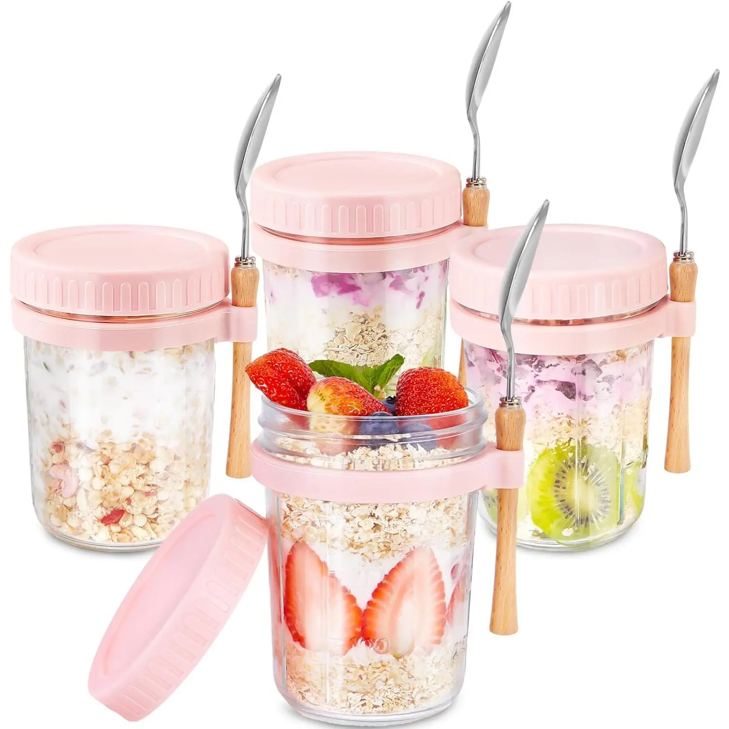 Glass Overnight Oats Containers with Lids and Spoon, 16oz Wide Mouth Mason Jars for Overnight Oats, Cereal, Yogurt, Salad Lunch Container with Measurement Marks - Pink 4 Pack