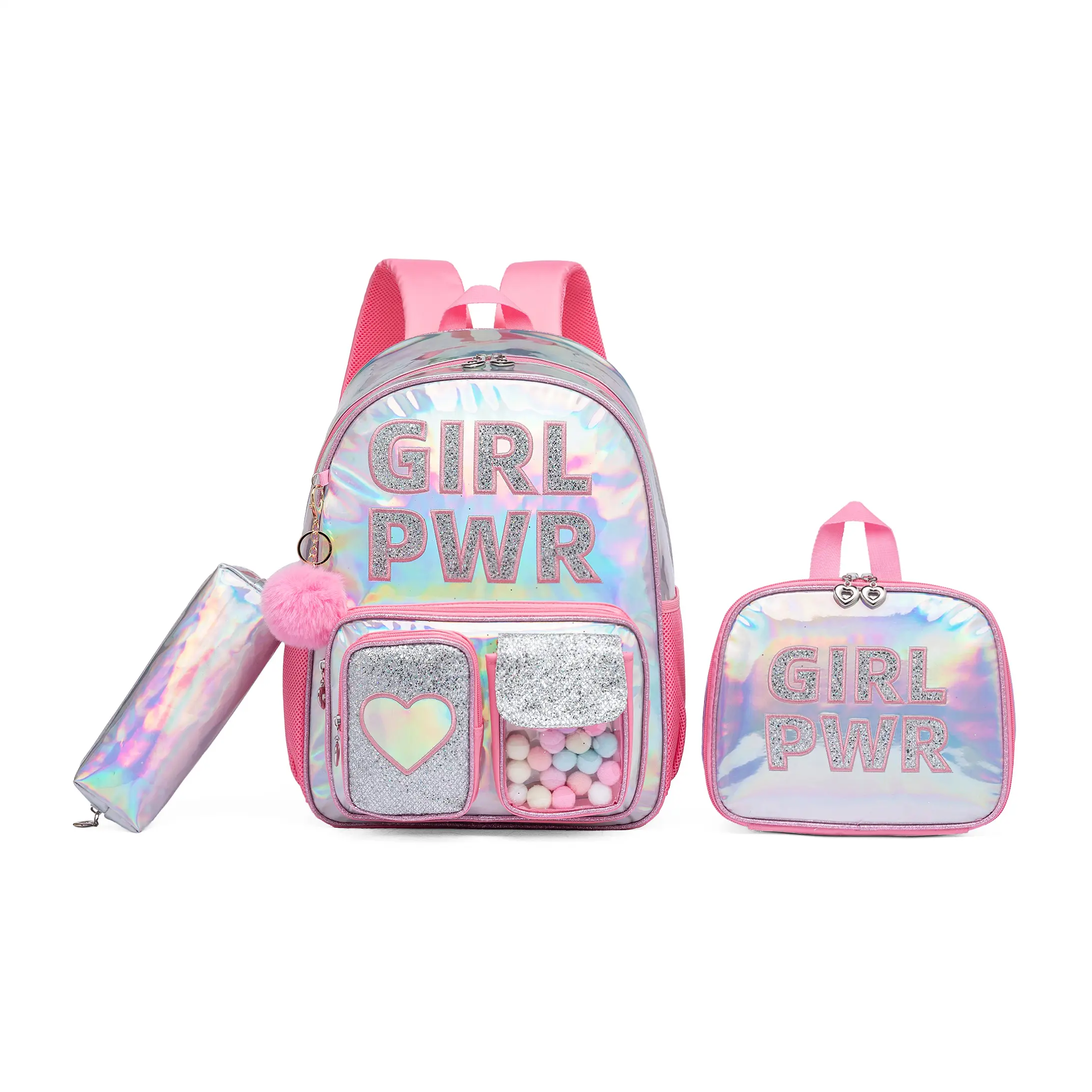 Girls' 3-Piece Holographic School Backpack Set, Lightweight GRL PWR Embellished Graphic Print with Glitter Pom Pom, Colorful Backpacks, Embellished Graphic Backpacks lunch box pencil case trending