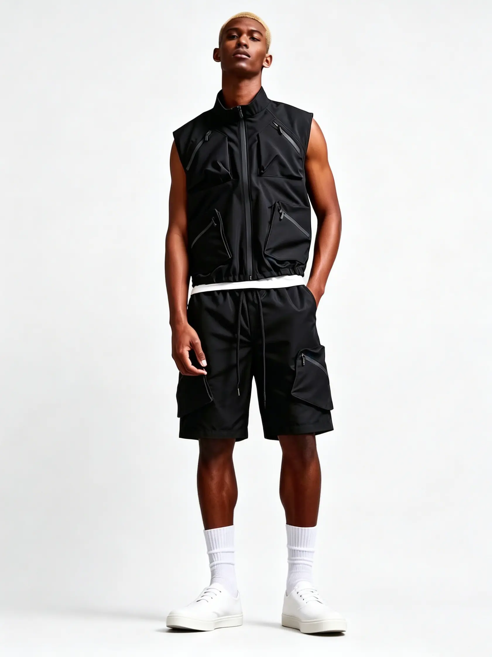 Men's Loose Fit 2 Piece Utility Vest and Cargo Shorts Set, Sleeveless Zip Up Multi Pocket Techwear Outfit, Casual Drawstring Shorts, Summer Streetwear Matching Set, Y2K Urban Festival Menswear, Outdoor Travel Party Look, Lightweight Clothes, Everyday Wear