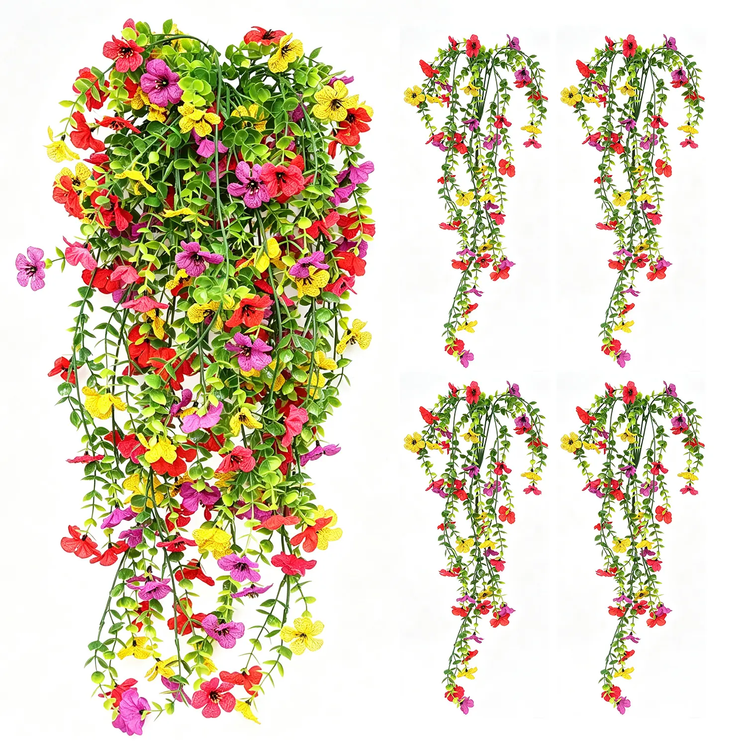 4 Pack Colorful Plastic Artificial Hanging Petunia Flowers - UV-Resistant Trailing Vines with Eucalyptus Leaves, No-Maintenance Faux Ivy Garland for Indoor Outdoor Entryway Porch Decoration