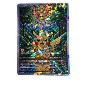 Chill Vibes Peace Pikachu Pokemon Stained Glass Design Edge to Edge Fractal Glass Holo Standard Size and English Back