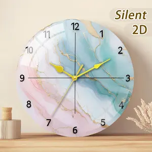 Large Round Wall Clock, Tempered Glass & Wood, Marble Pattern, Decor, Battery Operated, Home Decoration Gift