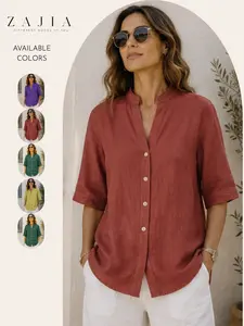 Women’s Casual Linen Blend Blouse, V Neck Button Down Top, Loose Fit Half Sleeve Shirt, Lightweight Breathable Summer Tunic for Vacation, Resort, Travel, Daily Wear
