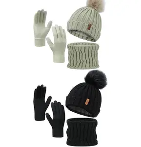 Winter Beanie Hat Scarf Gloves, Warm Fleece Knit Winter Hats Touch Screen Gloves Neck Scarf Set Winter Gifts for Women