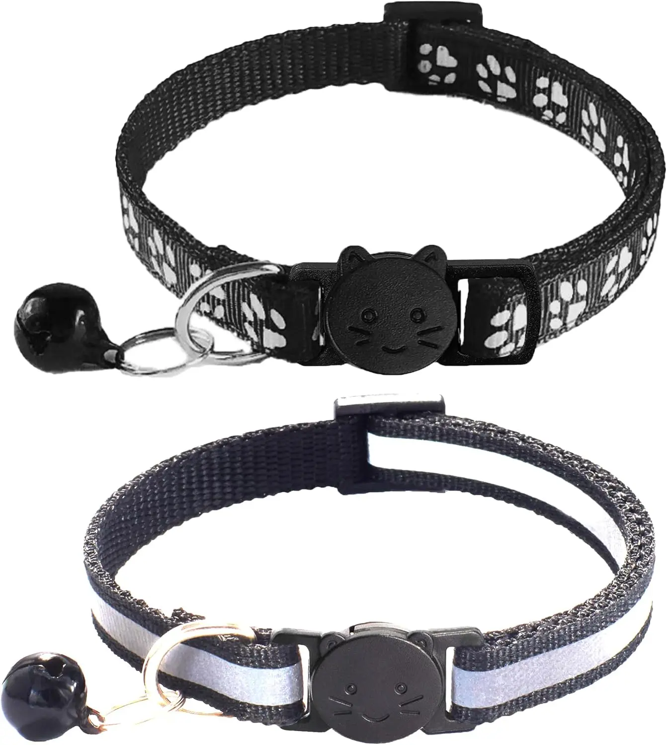 Non-Customized Reflective Claw Print Breakaway Cat Collars with Bells, Safety Buckle, Detachable Design, Adjustable 7.5-12.5 in - 2-Pack (Black) for Normal Activity