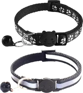 2 Pack Breakaway Cat Collars with Bells, Reflective Design and Claw Print Design, Safety Buckle Kitten Collars Adjustable from 7.5 to 12.5 Inches (Black)