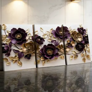 3 Counts Wooden Framed Canvas Painting, Elegant Purple And Gold Floral Art Images, Exquisite Poster, Perfect Gift, Decor For Living Room, Bedthroom, Modern Art, Fashion Family Poster, Wall Art Decoration