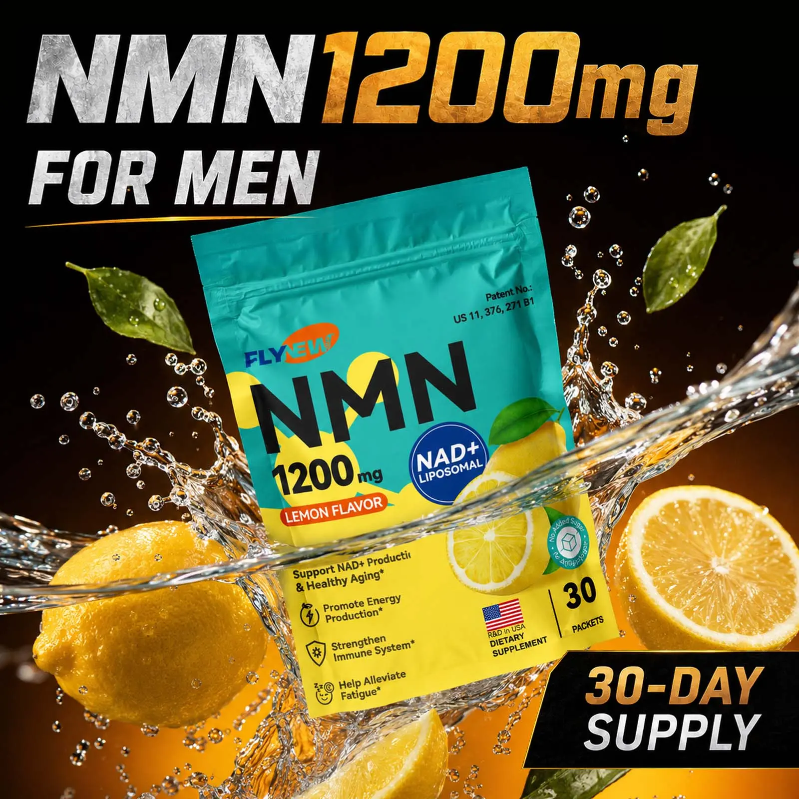 NMN 1200mg for Men - NAD+ Booster Powder with Liposomal Absorption, Taurine, PQQ & Vitamin C - Supports Energy, Stamina, Endurance & Mental Focus - Sugar Free Non-GMO Lemon Drink Mix, 30 Day Supply, Made in USA, 30 Packets per Bag