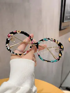 Women's Round Frame Ditsy Floral Sunglasses, Fashionable Transparent Lens, Versatile Eyewear for Daily Wear, Street Style, Office, Reading