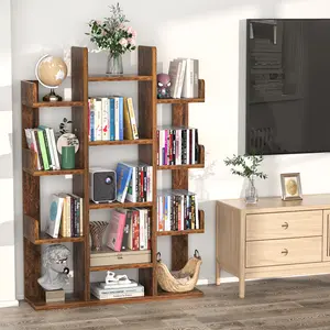 Cyclysio Tree-Shaped Bookshelf - Industrial Free-Standing Wood Open Furniture with 13 Compartments, Versatile Practical Room Divider, Black/Brown Storage Organizer Display Cube Shelf