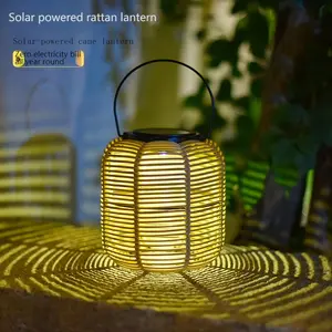 Solar-powered outdoor lantern, rattan bamboo woven lamp, courtyard decoration, Chinese-style retro lantern, hanging lamp, balcony ornament