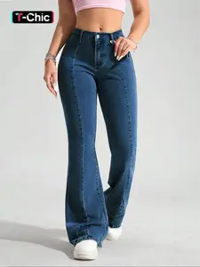 Women's Blue Washed Denim Woven Flared Pants, Womenswear Chic Fashionable Elegant Comfortable Versatile Everyday Elastic Jeans, Fitted Long Leggings for All Seasons