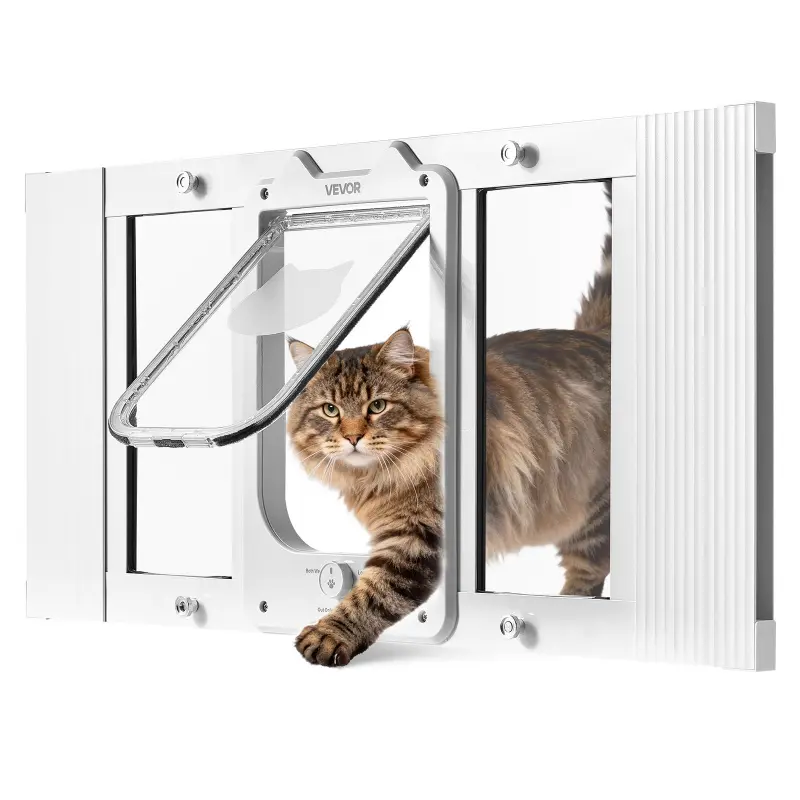【Summerfinds】VEVOR Window Cat Door for Kitties, 27"-32" Adjustable Window Width Fit, Flexible 4-Way Secure Lock, Aluminum Frame, High-Transparency Glass, Magnetic Closure, Weatherproof Quick-Fit White Pet Door, Size 32.0x15.3x1.6in/813x388x40mm, Kitty