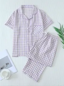 Two-Piece Set Women's Plaid Print Button Front Pocket Shirt & Elastic Waist Pants Pyjama, Casual Comfy Short Sleeve Collared Top & Trousers PJ Set, Ladies Sleepwear for All Seasons Pajama Set