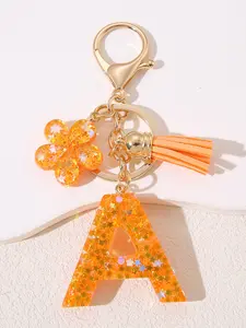 Chic Sequin Flower Initial Keychain, Golden Tassel & Glitter Accents, Personalized Resin Letter Charm, Durable Clasp, Perfect Gift for Women & Girls