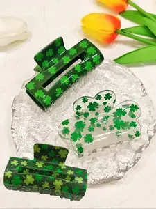 Women's Clover Print Hair Claw, Medium Size, Fresh Style for Back of Head, Suitable for St Patrick's Day Daily Use, Flat Claw Clips
