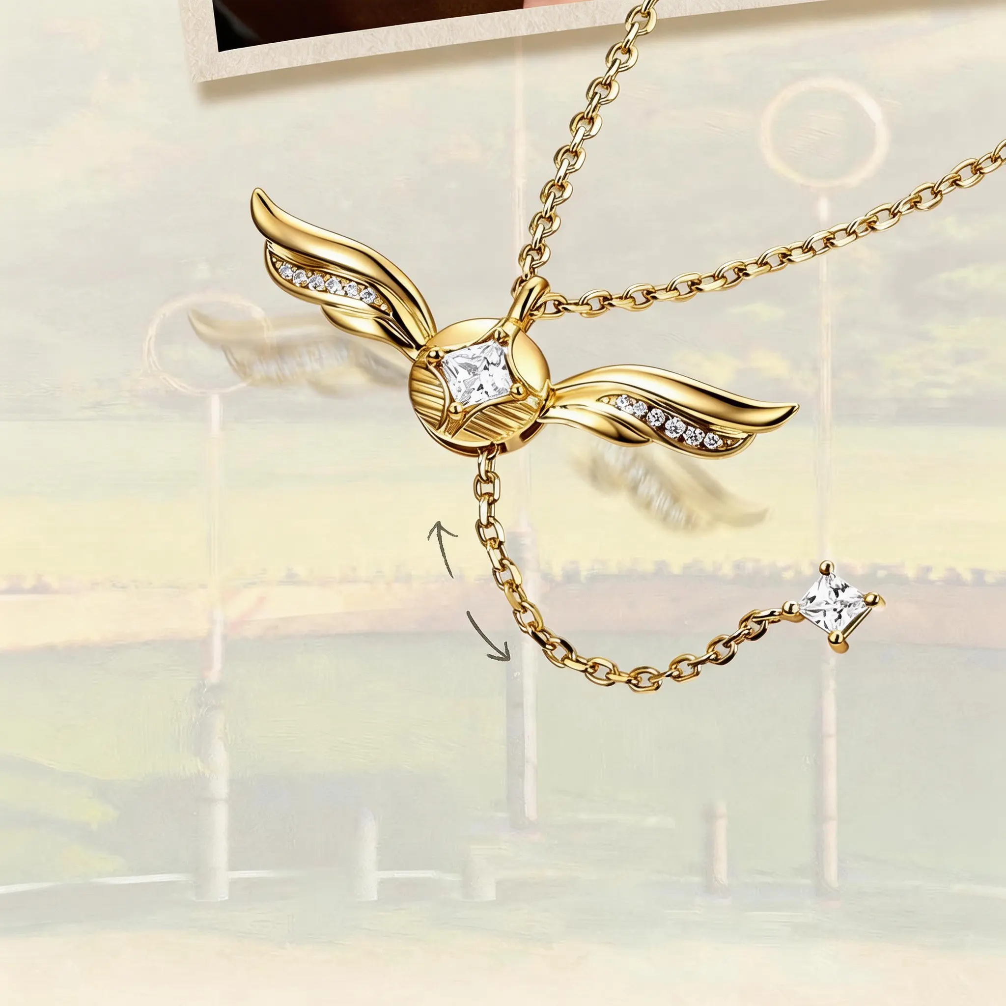 Women's Golden Snitch Decorative Romantic Necklace - Adjustable Crystal Detail, Cubic Zirconia Accents, Movable Wings Gold Pendant Jewelry, Cute Design, Valentine's Day Love Gifts for Girlfriend