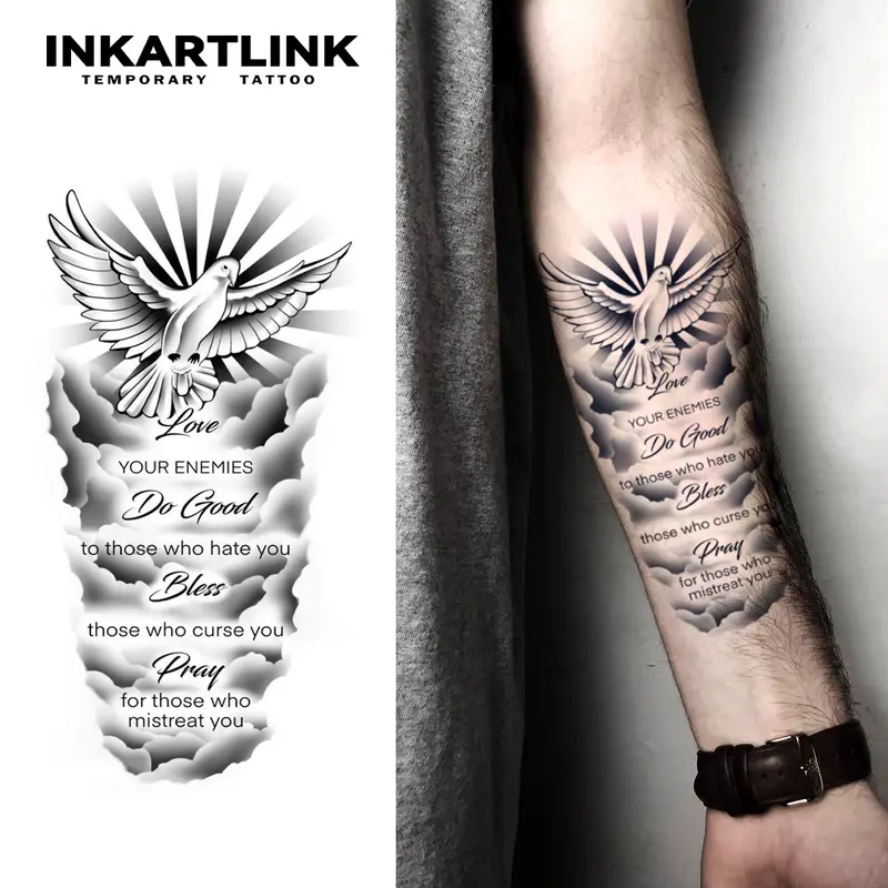 INKARTLINK Tattoo Tech, 2 Sheets Semi-Permanent Temporary Tattoos ,Dove of Peace 1,Adult Art Design,Lasts 1-2 Weeks, Waterproof, Realistic Look, No Adhesive, No Reflection,For Man And Woman,Ideal for Swimming, Party