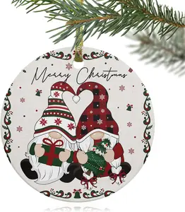 2024 Christmas Ornament Xmas Tree Hanging Accessories,Christmas Buffalo Plaid Gnome Retro Linen Christmas Tree Round Ceramic Ornaments for Holiday Party Home Decor,Xmas Dwarf Tree