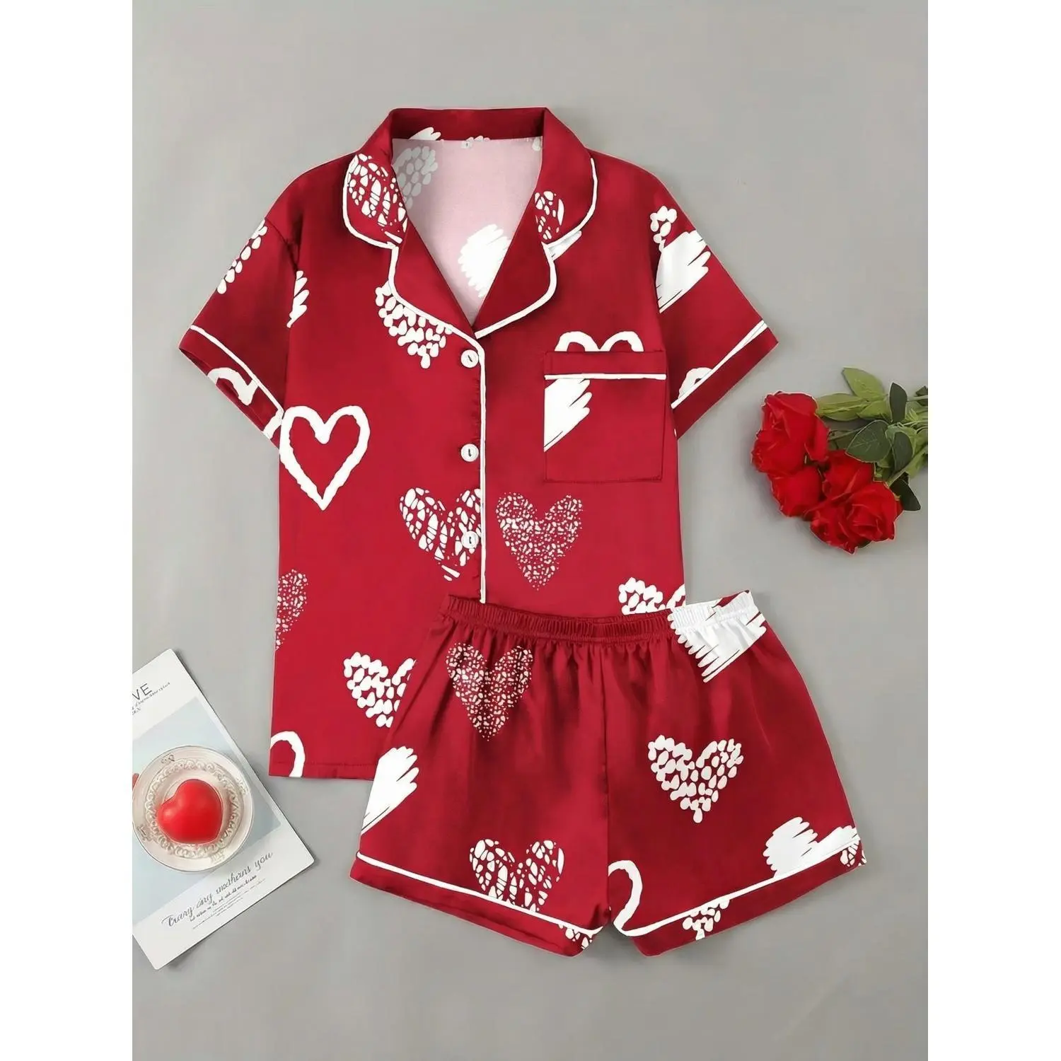 Valentine's Day Red Outfit with White Hearts - Comfortable Women's Pajama Set