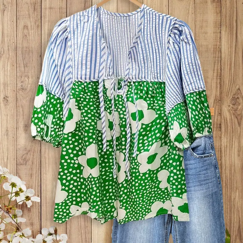 SageVell Women's V-Neck Chic Patchwork Blouse - Smart Casual, Evening, Party Wear, Blue-White Striped & Green Floral Print, Puff Short Sleeves, Textured Fabric Women's Top