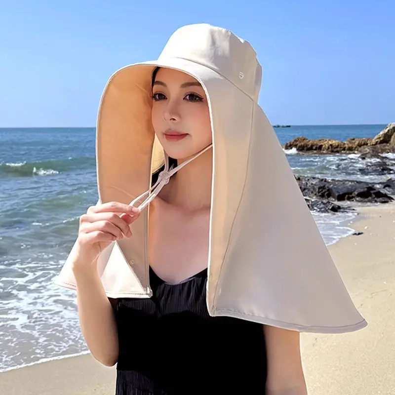 Full-face sun protection hat with large brim, face cover, and neck guard integrated with a cape, summer quick-dry sun hat