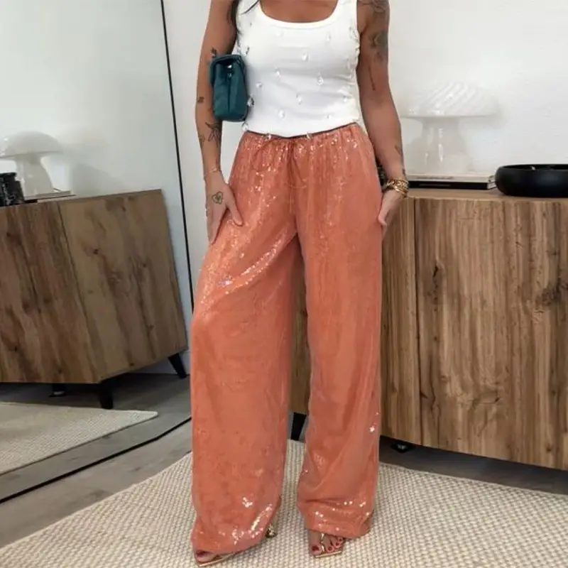 Women's Sparkle Sequin Pants Lightweight Elastic Waist Wide Leg Loose Pants Trousers