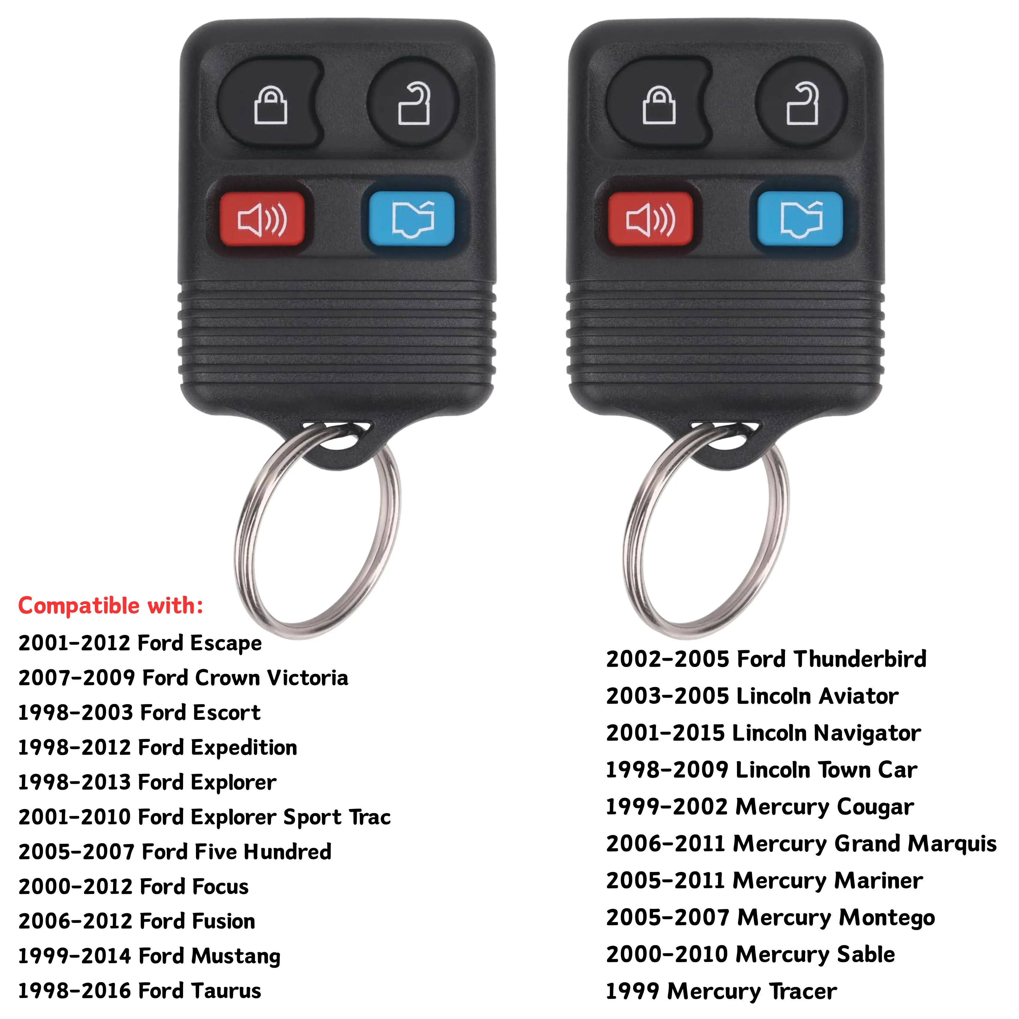 Lopixa Keyless Entry Remote Key Fob Compatible with Ford Escape Explorer Expedition Focus Fusion Mustang Taurus, Lincoln, Mercury, Mazda, Replacement for CWTWB1U345, 4 Button (Pack of 2)