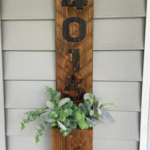 Address sign planter box with herringbone pattern raise black letters, stained golden oak
