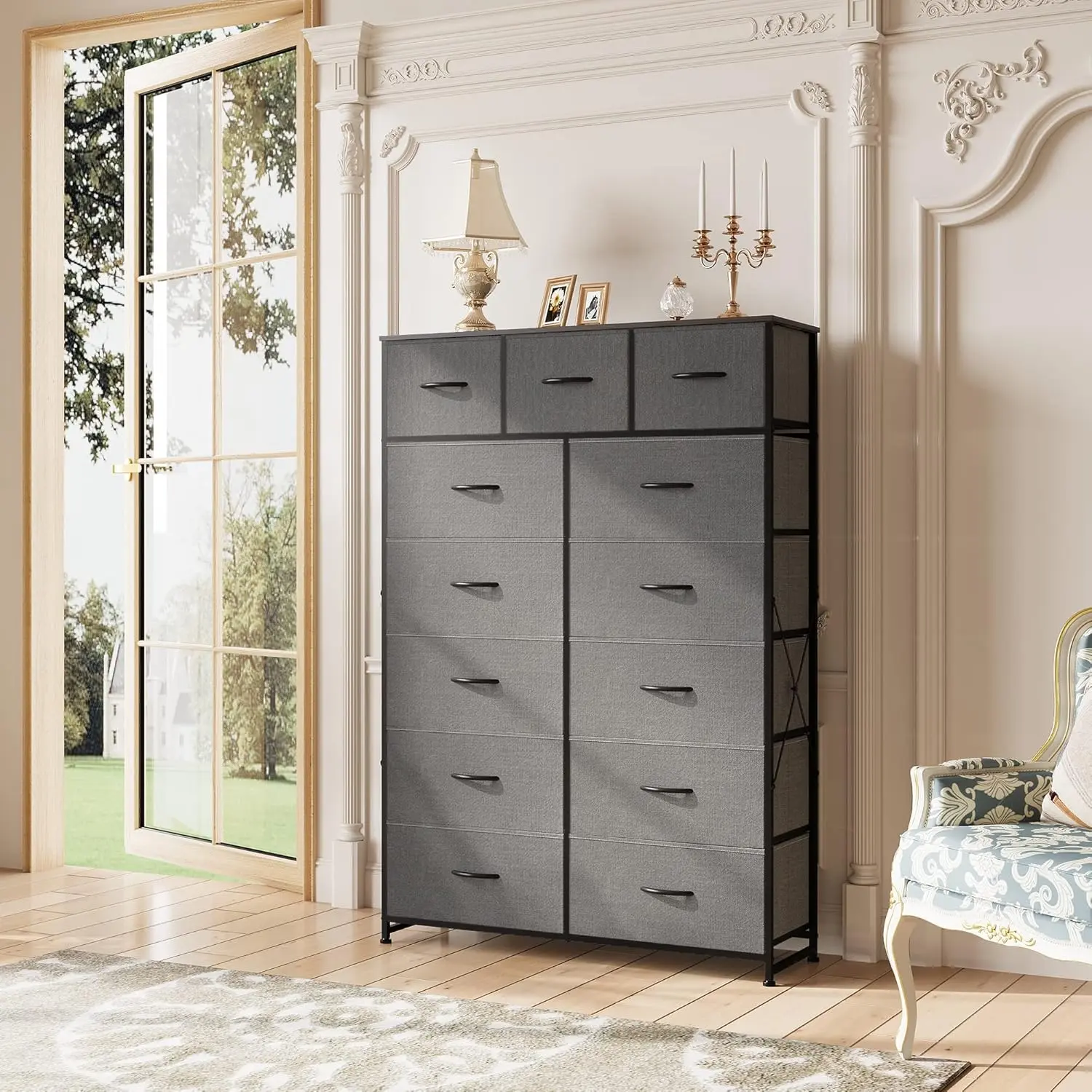 Hallway Storage Organizer Unit with 13 Drawers, Slim Tall Fabric Dresser Tower with Metal Frame, Entryway Storage Cabinet for Living Room & Office