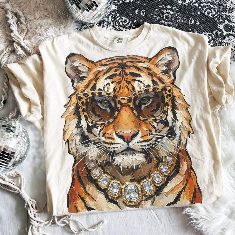 Glam Tiger Shirt, Leopard Bubblegum Sunglasses T-Shirt Cute Animal Print Tee