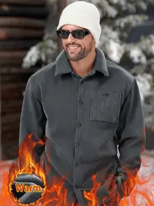 Men's Casual Cotton Jacket, Fleece Lined Thickening, Button-Down Collar, Pocket Design, Vintage Colors, Comfortable Warm Fabric