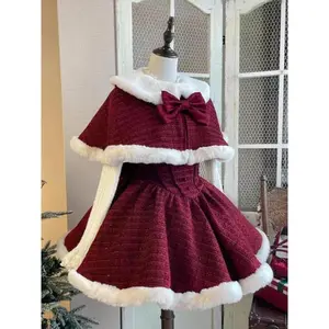 Women’s Christmas red vintage three-piece dress set featuring a faux fur capelet and sleeveless mini dress; suitable for casual wear and evening parties; can be paired with a raincoat.