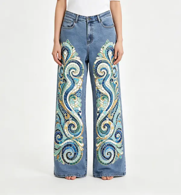 Light Wash High Waist Blue Turquoise Mosaic Tile Swirl Scroll Ornament All Over Print Wide Leg Jeans Women Mediterranean Boho Romantic Loose Bootcut Denim Trousers, Tile Graphic Printed
