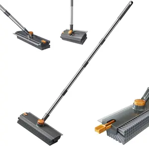 Floor Scrub Brush with 64" Long Handle - 360° Swivel Heads Household Push Brush with Squeegee and Right Angled Bristle for Cleaning Concrete Floors Grout Gardens Patio Deck Concrete Garage Heavy Duty