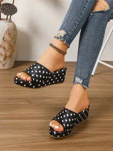 Women's Vintage Polka Dot Wedge Heel Sandals, Slip-On Casual Summer Shoes, Outdoor Wear, Comfortable and Stylish