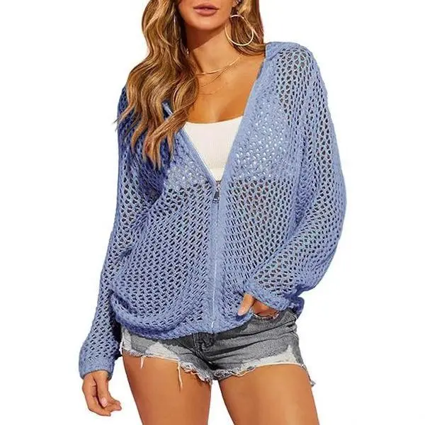 Women's Crochet Knitting Cardigan Sweater - Casual Long-Sleeve Zip-Up Hooded Cover-Up with Cute Ethnic Romantic Design for Summer, Party Wear