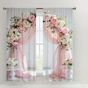 2 Piece Floral Cotton Arch Print Curtains, Fashionable Rod Pocket Window Drapes for Bedroom and Living Room, Easy Installation